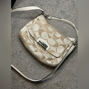 Coach Kristin Signature Tan Canvas Leather Trim Zipper Closure Crossbody Bag